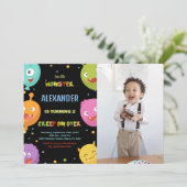 Monster Verjaardag Uitnodigingen Ballonnen Zwart f (Staand voorkant)