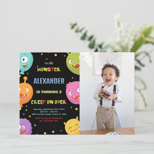 Monster Verjaardag Uitnodigingen Ballonnen Zwart f (Staand voorkant)
