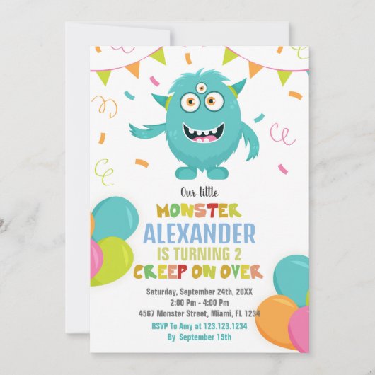 Monster Verjaardag Uitnodigingen Ballons Vlaggen (Voorkant)