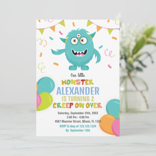 Monster Verjaardag Uitnodigingen Ballons Vlaggen (Staand voorkant)