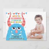 Monster Verjaardag Uitnodigingen Blauw met foto (Voorkant)