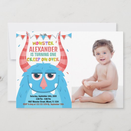 Monster Verjaardag Uitnodigingen Blauw met foto (Voorkant)