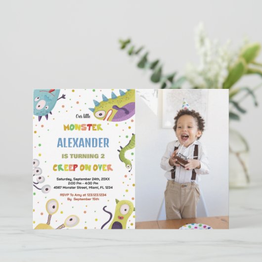 Monster Verjaardag Uitnodigingen Donkergroen met f (Staand voorkant)