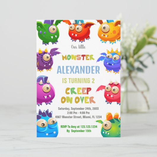 Monster Verjaardag Uitnodigingen, Fly Monsters Kaart (Staand voorkant)