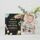 Monster Verjaardag Uitnodigingen Groen Zwart w fot (Staand voorkant)