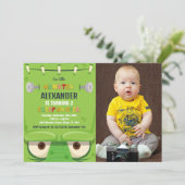Monster Verjaardag Uitnodigingen, Groene Monster f Kaart (Staand voorkant)