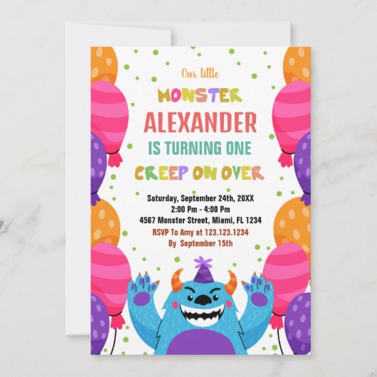 Monster Verjaardag Uitnodigingen Kleur Ballons (Voorkant)