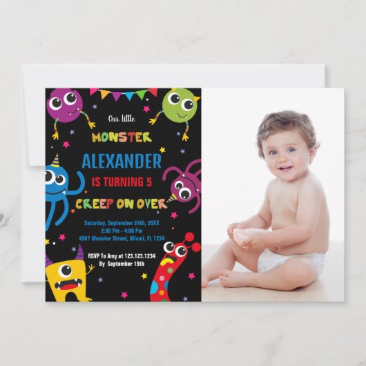 Monster Verjaardag Uitnodigingen Kleuren Zwart w f (Voorkant)