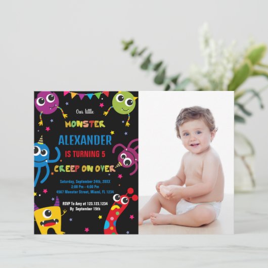 Monster Verjaardag Uitnodigingen Kleuren Zwart w f (Staand voorkant)