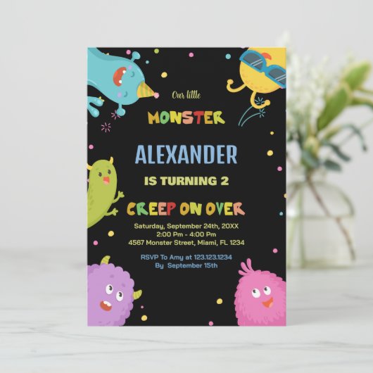 Monster Verjaardag Uitnodigingen Lichtgroen Zwart (Staand voorkant)