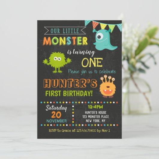 Monster Verjaardag Uitnodigingen - Little Monster (Staand voorkant)
