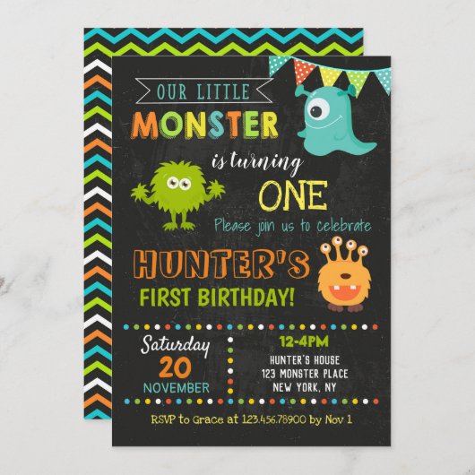 Monster Verjaardag Uitnodigingen - Little Monster (Voorkant / Achterkant)