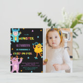 Monster Verjaardag Uitnodigingen paarse Zwart w fo (Staand voorkant)