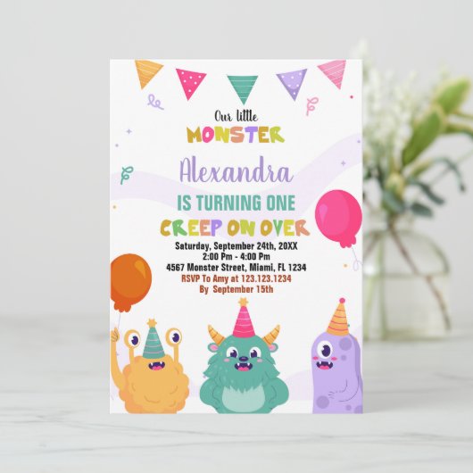 Monster Verjaardag Uitnodigingen Pink Ballon (Staand voorkant)