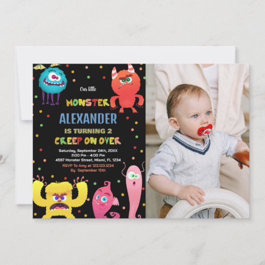 Monster Verjaardag Uitnodigingen Rood Blauw foto (Voorkant)