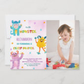 Monster Verjaardag Uitnodigingen roze paarse w Fot (Voorkant)