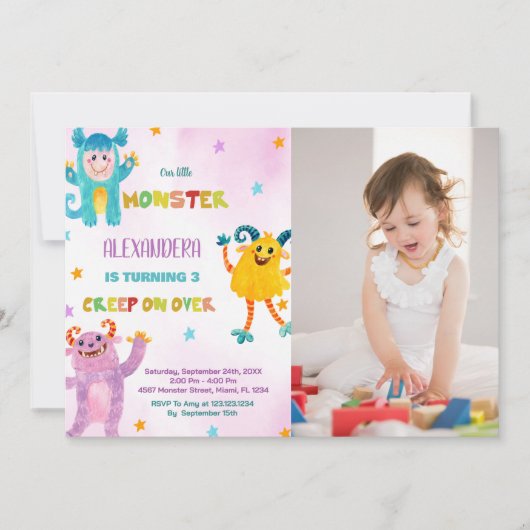 Monster Verjaardag Uitnodigingen roze paarse w Fot (Voorkant)