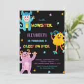 Monster Verjaardag Uitnodigingen roze paarse Zwart (Staand voorkant)