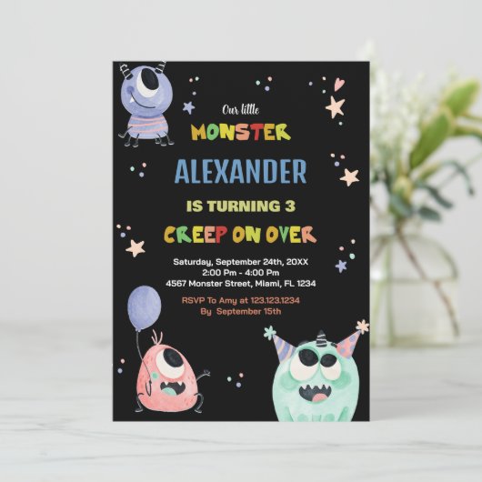 Monster Verjaardag Uitnodigingen Star Black (Staand voorkant)