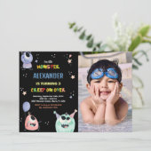 Monster Verjaardag Uitnodigingen Star Black foto (Staand voorkant)