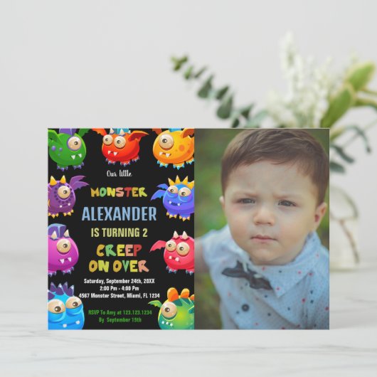 Monster Verjaardag Uitnodigingen, Vlieg Monsters f Kaart (Staand voorkant)