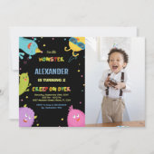 Monster Verjaardag Uitnodigingen Zwart met foto (Voorkant)