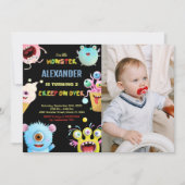 Monster Verjaardag Uitnodigingen Zwart met foto (Voorkant)