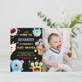 Monster Verjaardag Uitnodigingen Zwart met foto (Staand voorkant)