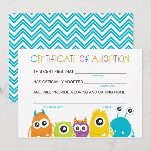 Monster Verjaardagsfeest Adopteer een Monster Adop Bedankkaart (Voorkant / Achterkant)