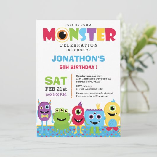 Monster verjaardagsfeestje uitnodiging (Staand voorkant)