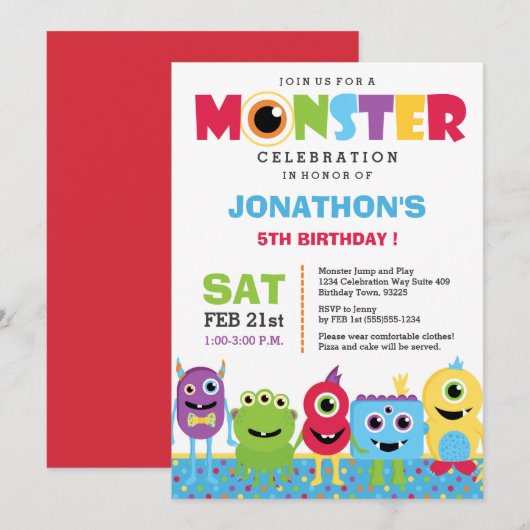 Monster verjaardagsfeestje uitnodiging (Voorkant / Achterkant)