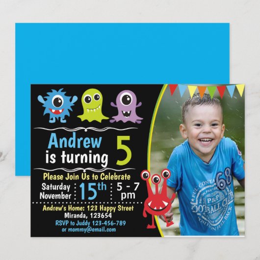 Monster verjaardagsuitnodiging, Cute moster-uitnod Kaart (Voorkant / Achterkant)
