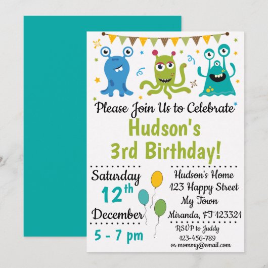 Monster-verjaardagsuitnodiging Kaart (Voorkant / Achterkant)