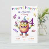 Monster Vier Jaar Verjaardag Uitnodiging (Staand voorkant)