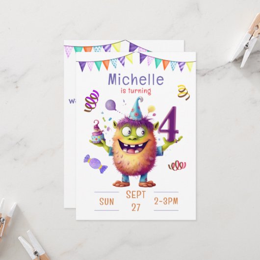 Monster Vier Jaar Verjaardag Uitnodiging (Voorkant / Achterkant in situ)