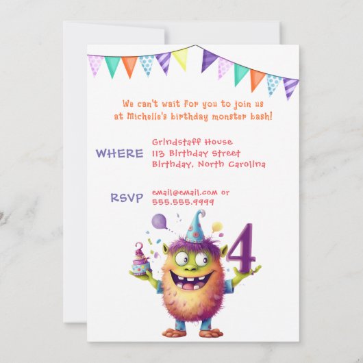 Monster Vier Jaar Verjaardag Uitnodiging (Achterkant)