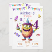 Monster Vier Jaar Verjaardag Uitnodiging (Voorkant / Achterkant)