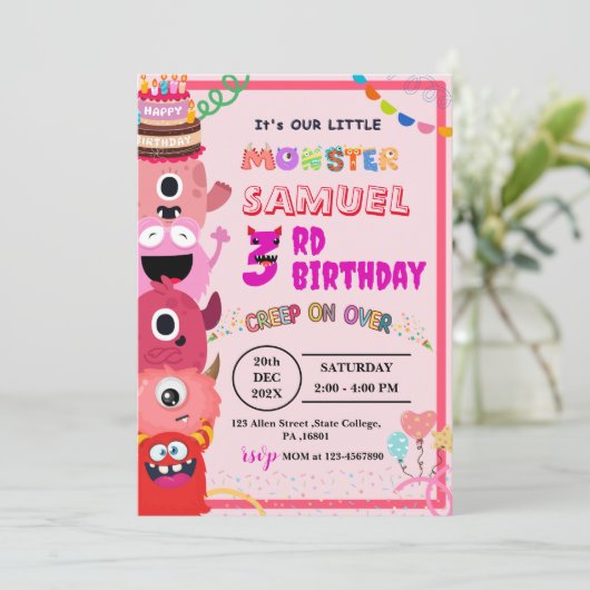 MONSTER VOOR MEISJES VERJAARDAGSFEEST KAART (Staand voorkant)