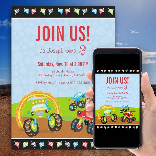 Monster Vrachtwagens en Race Vlaggen Verjaardagsfe Kaart