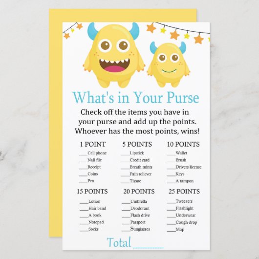 Monster Wat zit er in je baby shower met handtas (Voorkant / Achterkant)