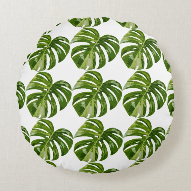 Monstera Albo Leaf Pillow — Botanical Home Decor Rond Kussen (Voorkant)