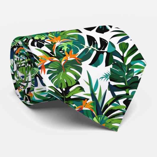 Monstera Bird-of-Paradise Tropical Seamless Stropdas (Opgerold)