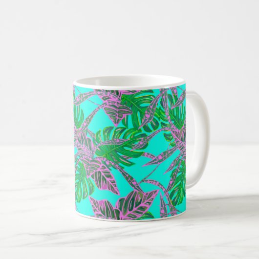 Monstera blad coleus tropisch turquoise roze koffiemok (Voorkant rechts)