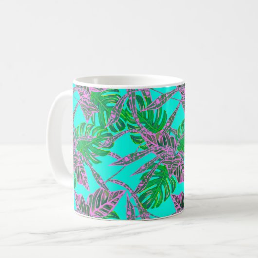 Monstera blad coleus tropisch turquoise roze koffiemok (Voorkant links)
