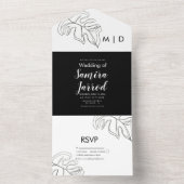Monstera blad dubbele lijn kunst zwart wit bruilof all in one uitnodiging (Binnen)