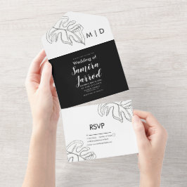 Monstera Blad Dubbele Lijn Kunst Zwart Witte Trouw All In One Uitnodiging