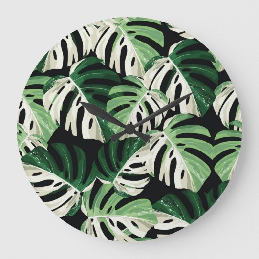Monstera blad Exotisch zwart patroon Grote Klok (Voorkant)