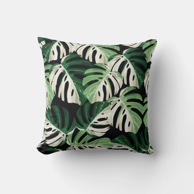 Monstera blad exotisch zwart patroon kussen (Voorkant)