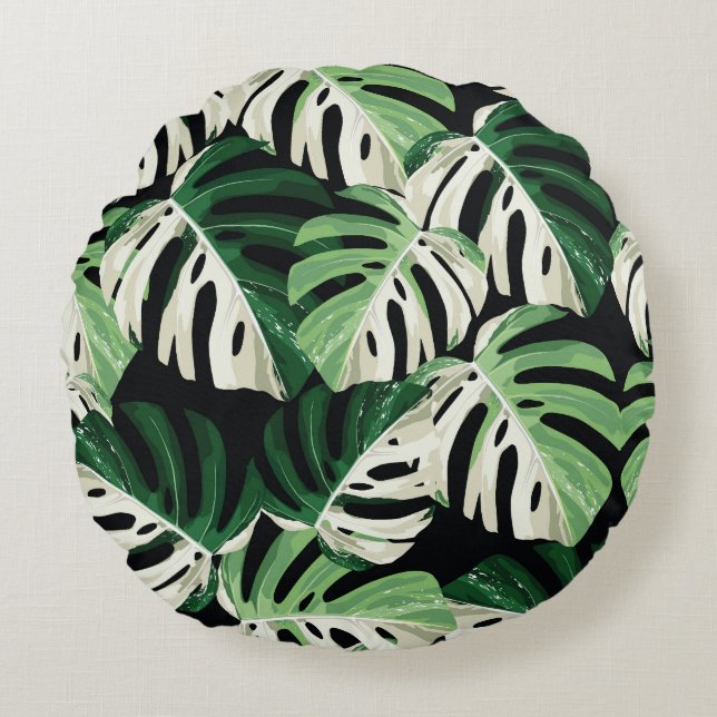 Monstera blad Exotisch zwart patroon Rond Kussen (Voorkant)