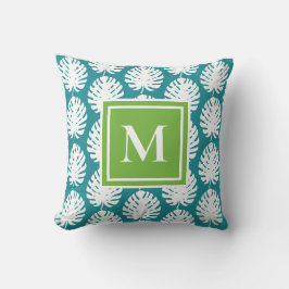 Monstera Blad Groen Aqua Wit Monogram Kust Kussen